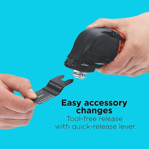 Person demonstrating quick accessory release on Powerful Oscillating Multi Tool Workhorse With 2.5 Amp Motor And Variable Speed Dial.