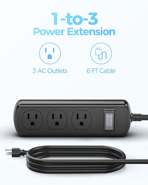 Tough As Nails Outdoor Power Strip Weatherproof With Three Wide Outlets And Six Foot Heavy Duty Extension Cord IPX6 Waterproof Surge Protector For Patio And Garden Anti Electric Shock Safe Outdoor Power Hub Black showing outlets and cable length.