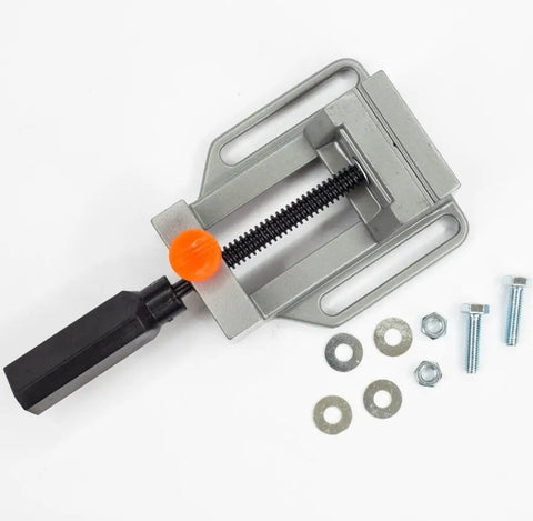 Solid Aluminum Drill Press Vise With Slick Quick Release Jaws For Tabletop Rig, featuring quick clamping mechanism and hardware.