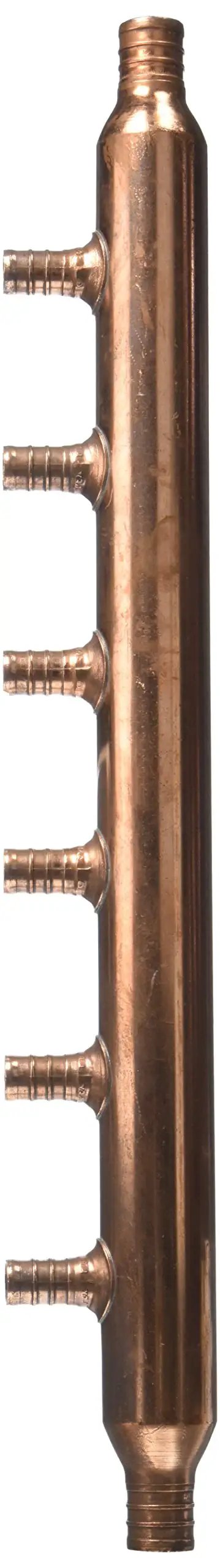 Six Port Open Crimp Copper Multi Port Tee For PEX And PE-RT Plumbing, 3/4 Inlet With 1/2 In Outlets, vertical view