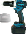 Slick Cordless Automatic Riveter Packed With Rugged 5.2Ah Battery Portable Electric Rivet Gun Kit angled view with battery