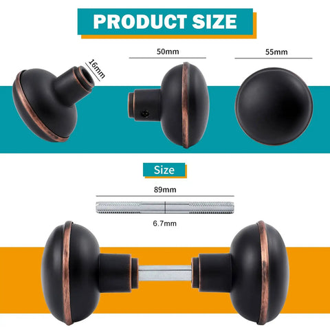 Vintage Style Door Knob Set With Spindle For Interior Doors In Oil Rubbed Bronze Finish Zinc Alloy Hardware Replaces Old Mortise Knobs Fits Doors One To One And Three Quarters Inches Thick Classic Bronze Look For Bedroom And Bath, showing size and detailed measurements