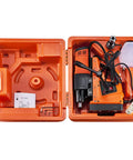 Heavy Duty Magnetic Drill Press Featuring A Powerful 1500W Motor and Super Tight Grip in an orange case, with tools and accessories visible.