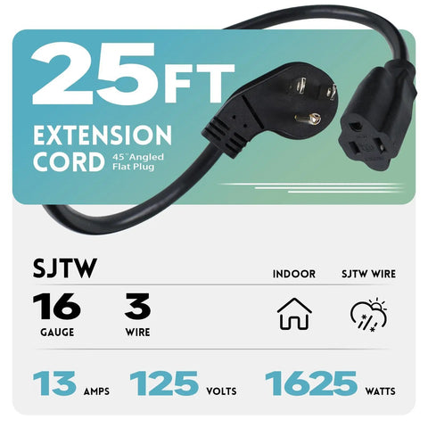 25 Ft Indoor Flat Plug Extension Cord With Low Profile 3 Prong Grounded Power Cable Black, 16/3 Gauge Details