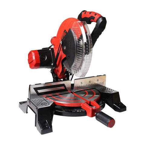 10 Inch Portable Electric Table Saw 1800W Aluminum Cutting Machine Featuring 45 Degree Miter Capability with clear blade and adjustable angle.