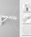 Foldable Stainless Steel Shelf Brackets For Wall Mounts, Heavy-Duty Supports, hinged arm details, and locking mechanism.
