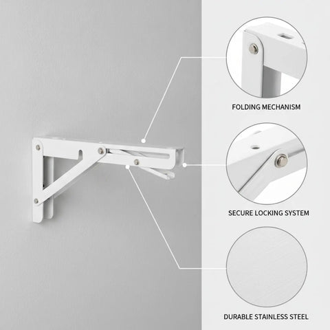 Foldable Stainless Steel Shelf Brackets For Wall Mounts, Heavy-Duty Supports, hinged arm details, and locking mechanism.