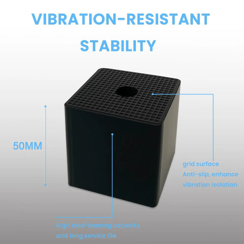 Heavy Duty Rubber Anti Vibration And Shock Absorbing Pads 4 Pack with grid texture, 50 x 50 x 50 mm, highlighting stability features.