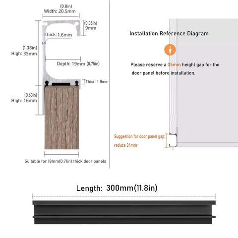 Diagram of Black Aluminum Cabinet Handles G Type Pulls Concealed Door Knobs 300mm 11.8in with installation guide.