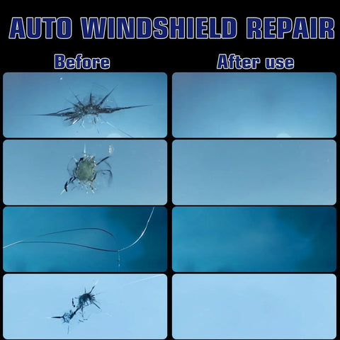 Comparison of windshield glass chips and cracks before and after using Two Pack Windshield Repair Kit With Suction Cup And Curing Light Auto Glass Repair Tool Using Nano Resin For Chips And Cracks Premium Vacuum Seal System For Windscreens Easy Do It Yourself Glass Fix