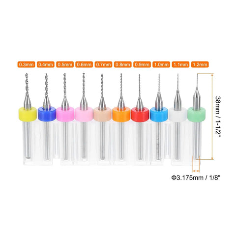 10Pc PCB Drill Bit Set With One Eighth Inch Shank, Pro Grade Tungsten Carbide Micro Twist Bits For Printed Circuit Board Sizes 0.3mm To 1.2mm