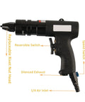 Heavy Duty Air Hammer Pneumatic Rivet Nut Gun With Short Barrel Kit For M3 To M12 Thread Insert Puller Setter Tool Featuring Ergonomic Rubber Grip For Winter Use At 600Rpm Speed For Pros Seeking Smooth And Reliable Riveting. Side view with 1/4 air inlet and reversible switch