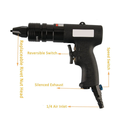 Heavy Duty Air Hammer Pneumatic Rivet Nut Gun With Short Barrel Kit For M3 To M12 Thread Insert Puller Setter Tool Featuring Ergonomic Rubber Grip For Winter Use At 600Rpm Speed For Pros Seeking Smooth And Reliable Riveting. Side view with 1/4 air inlet and reversible switch