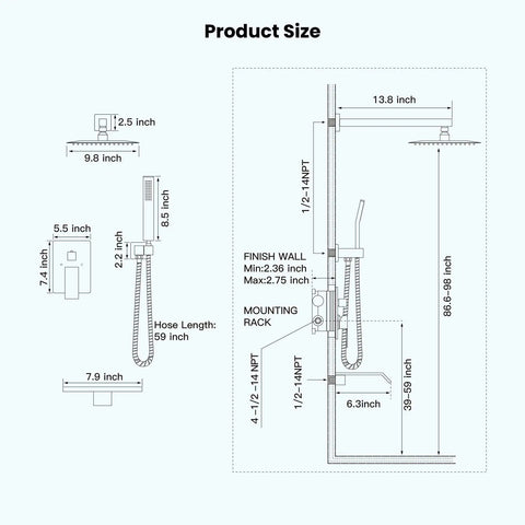 Diagram showing dimensions of 10 Inch Rain Shower System With Rainfall Head Handheld Sprayer Waterfall Tub Spout Wall Mounted Mixer