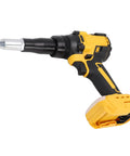 Heavy Duty Cordless Rivet Gun With Brushless Motor Delivers 2248 Lbs Of Raw Power And Fast Automatic Function Featuring Built Led Light, Auto Reverse Mode, And Compact Portable Design For Professional Job Site Metalworking Projects Without Cord Hassle. Yellow and black cordless rivet gun with battery base