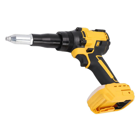Heavy Duty Cordless Rivet Gun With Brushless Motor Delivers 2248 Lbs Of Raw Power And Fast Automatic Function Featuring Built Led Light, Auto Reverse Mode, And Compact Portable Design For Professional Job Site Metalworking Projects Without Cord Hassle. Yellow and black cordless rivet gun with battery base