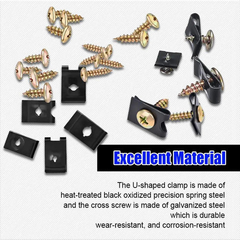 Rig Ready Automotive Screws And Clips Assortment Kit 170 Piece Set includes screws and U-shaped clamps made of durable steel.