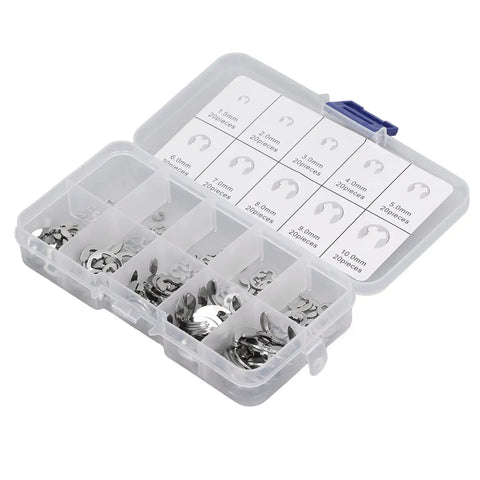 200 Piece E Clip Set Stainless Steel External Retaining Rings for Bearings, Pulleys, Gears and Shafts with High Tension Strength