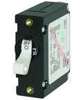 White Toggle Circuit Breaker, A-Series, 15A, Single Pole, Marine Panel Breaker With Trip Free Design, ABYC Compliant, Easy Flip Switch For AC And DC Branch Circuits For Boats And Yachts, front view
