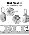 14 Piece M20 Rope Pulley Set In Stainless Steel With Crane Swivel Hooks Double Roller Pulleys 360 Degree Rotation Rust Proof And Weather Resistant Construction For Heavy Duty Hoisting, 304 stainless steel close-up