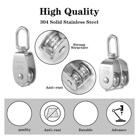 14 Piece M20 Rope Pulley Set In Stainless Steel With Crane Swivel Hooks Double Roller Pulleys 360 Degree Rotation Rust Proof And Weather Resistant Construction For Heavy Duty Hoisting, 304 stainless steel close-up