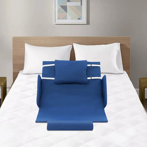 Heavy Duty Electric Bed Backrest With Wireless Remote Control For Elderly Seniors Adjustable Reclining Lift Smooth Operator Ride No Sweat Home Upgrade on bed with blue padding.