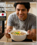 Person using a Microwave Ramen Cooker Bowl 50 Oz Capacity No Pot Needed With Lid Easy Noodles Maker Cook Ramen And Vegetables In Minutes Made In Japan Dishwasher Safe BPA Free to cook ramen.