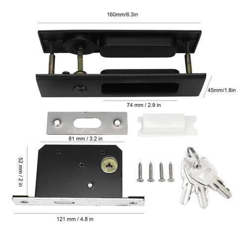 Sliding Barn Door Locks With Invisible Door Handle And Keys For Wood Pocket Doors Black Hardware, zinc alloy, dimensions shown