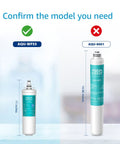 Comparison of two AquaCrest filters, AQU-WF55 at 11 inches and AQU-9001 at 14.86 inches, with model confirmation instructions.