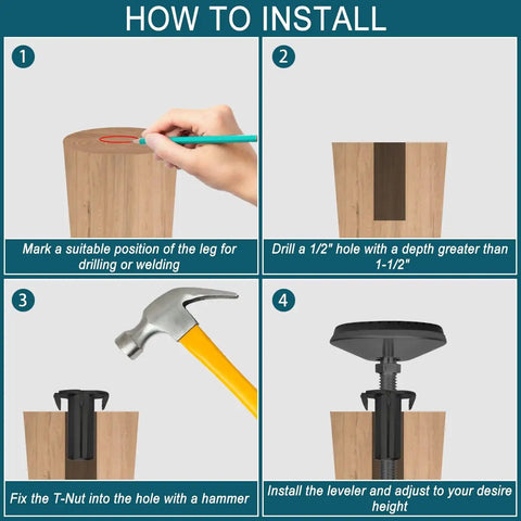 Installation steps for Eight Piece M10 Adjustable Leveling Feet Set For Furniture With 2 Inch Thread Length Rubber Leg Levelers