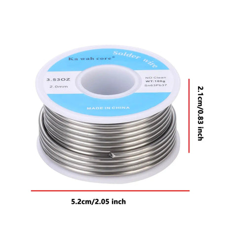2.0mm Rosin Core Solder Wire 63/37 Alloy, 100G Roll for Electronics Soldering, spool with measurements shown
