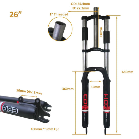 Beefed Up 26 Inch Suspension Fork With 1 Inch Threaded Steerer 25.4mm Straight Tube Double Shoulder Design Disc Brake Mount 50mm Caliper Bracket Fits 26x2.325 Tire Black shown with dimensions
