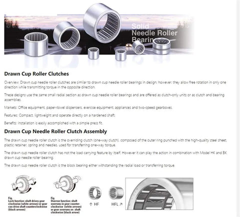 Built Tough One Way Needle Roller Bearing Drawn Cup Clutch 30x37x20mm 52100 Chrome Steel 5 Piece Set displayed with details.