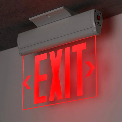 Red Emergency Exit Sign UL 924 LED Edge Lit, Battery Backup, Double Sided With Rotating Acrylic Panel, Pro Grade Hardwired Mountable Ceiling Wall Side, 120 277V AC, Damp Rated, Pack Of 2