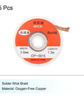 Roll of Desoldering Wick Braid No Clean Solder Removal Wire 0.12 Inch Wide 4.92 Feet Long Oxygen Free Copper 5 Pack