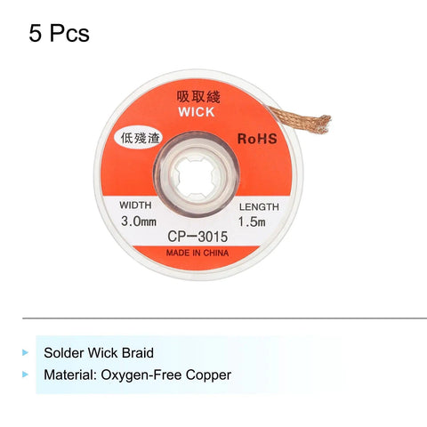 Roll of Desoldering Wick Braid No Clean Solder Removal Wire 0.12 Inch Wide 4.92 Feet Long Oxygen Free Copper 5 Pack