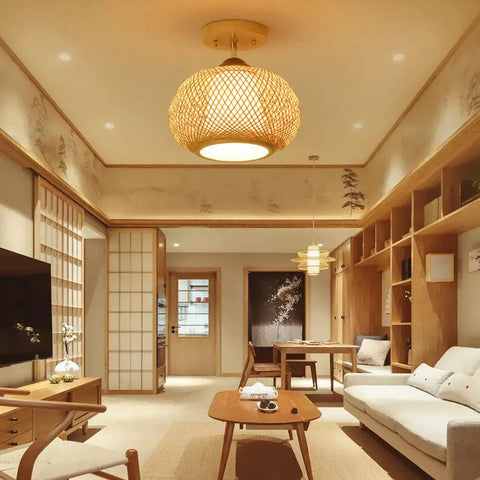 Bamboo Cage Ceiling Light in Wood Finish, Rural Style Pendant for Dining Room and Living Areas, Semi Flush Mount Fixture