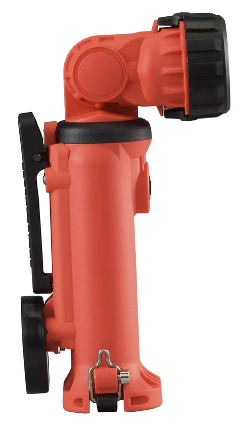 Side view of Knucklehead Spotlight Alkaline Light Orange 180 Lumens Dual Power handheld LED light, rugged design with swivel head.
