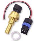 Automotive coolant temperature sensor (ECT) with brass sensor body, black connector, red/black wires, and metal washer