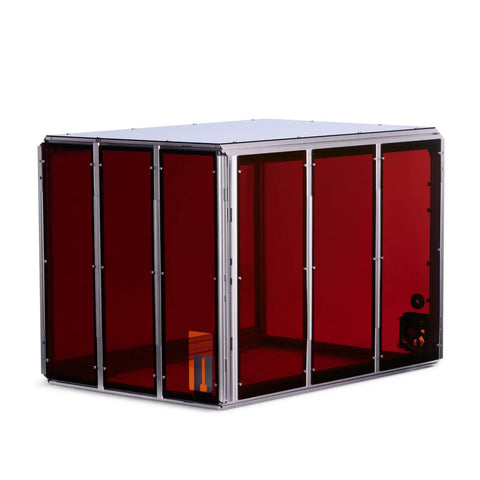 Kick-Ass 3D Printer Enclosure With Heavy Duty Blower To Sweep Fumes And Particulates Out Laser Safe Panels in red polymer.