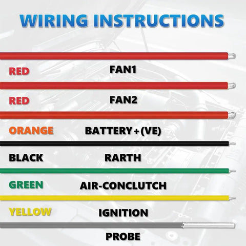 Wiring instructions for 12V/24V Digital Radiator Fan Controller Kit With Adjustable Temperature Range 104 To 230 Fahrenheit.