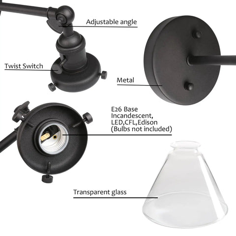 Hardwired Wall Sconce With Switch For Indoor Lighting details, showing adjustable metal components and funnel clear glass shade.