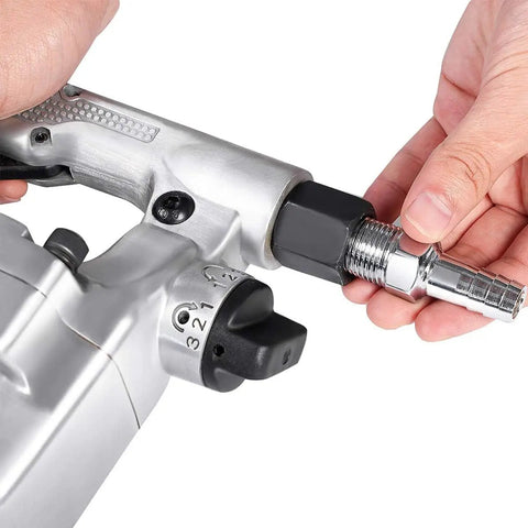 Heavy Duty One Inch Pneumatic Air Impact Wrench Packing Nineteen Hundred Foot Pounds Of Kick For Pro Garages And Tire Changes That Knocks Out Rusty Nuts Fast Without Breaking A Sweat With Steel Case - close-up of connection fitting.
