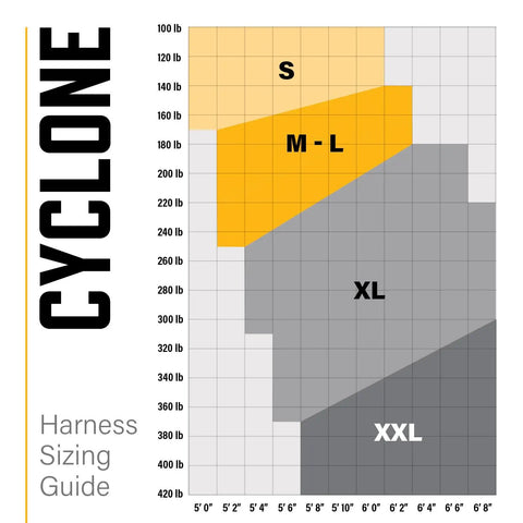 Cyclone harness sizing guide chart for All Day Comfort Safety Harness With Waist Pad And Side D Rings For Worksite Use Boss Level OSHA ANSI