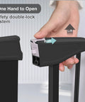 Close-up of black double-lock latch on Extra Wide Baby Gate With Door For Doorways And Stairs Walk Through Swing Gate Pressure Mounted Tool Free Setup No Tools Needed Easy One Hand Operation Dual Direction Swing Fits 29 To 51 Inches.