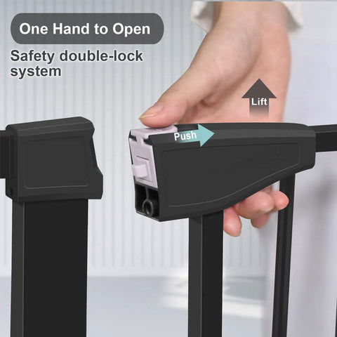 Close-up of black double-lock latch on Extra Wide Baby Gate With Door For Doorways And Stairs Walk Through Swing Gate Pressure Mounted Tool Free Setup No Tools Needed Easy One Hand Operation Dual Direction Swing Fits 29 To 51 Inches.