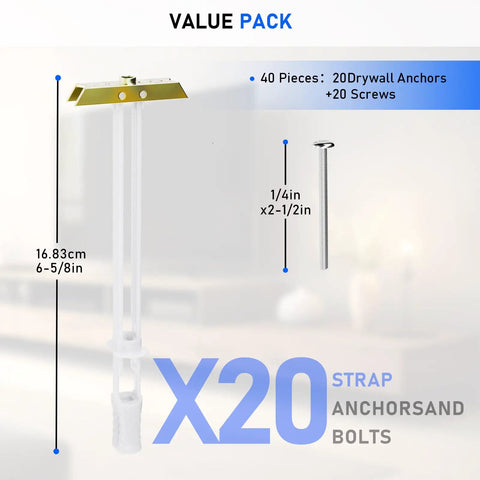 Heavy Duty Drywall Anchors With Steel Bolt Kit For TV Mounting, 20 anchors and screws displayed in value pack layout.