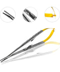 Castroviejo Micro Needle Suture Holder Driver With Tungsten Carbide Inserts And Gold Ends for precise tissue manipulation.