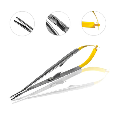 Castroviejo Micro Needle Suture Holder Driver With Tungsten Carbide Inserts And Gold Ends for precise tissue manipulation.