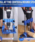 Knockout Accuracy Portable Drill Guide And Angle Drill Jig For Perfectly Straight Holes Every Single Time shown with V-shaped supports.